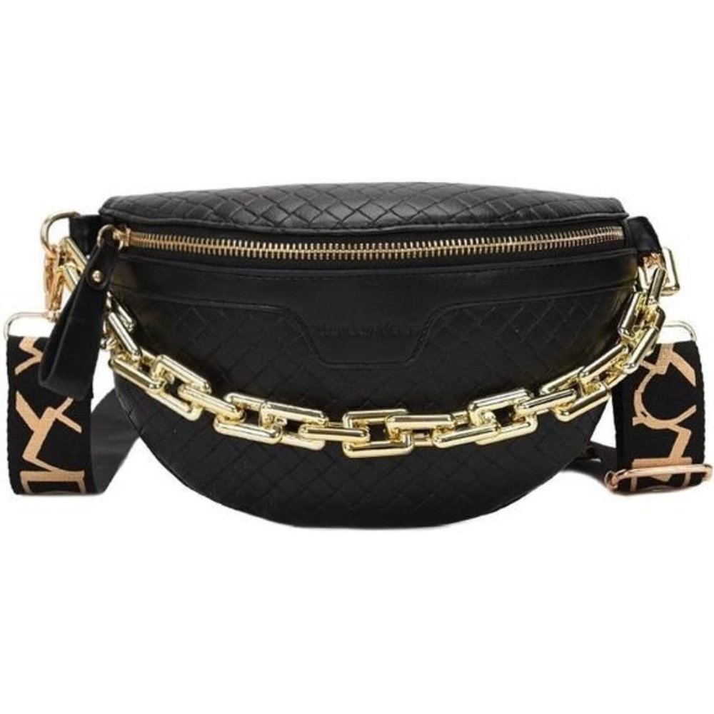 Black Quilted Crossbody Belt Bag with Gold Chain
